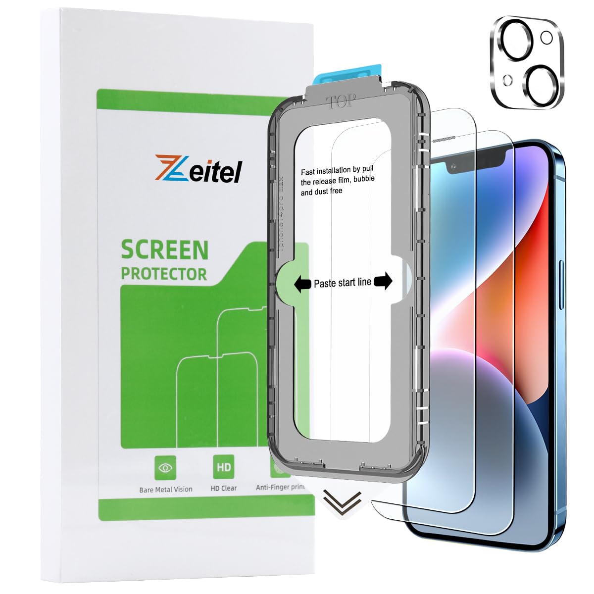 Zeitel® Tempered Glass Suitable for iPhone 14 6.1 Inch with Anti Fingerprint Screen Protector Auxiliary Installation Kit 2 Scratch Resistant Screen Protectors and 1 Lens Protector