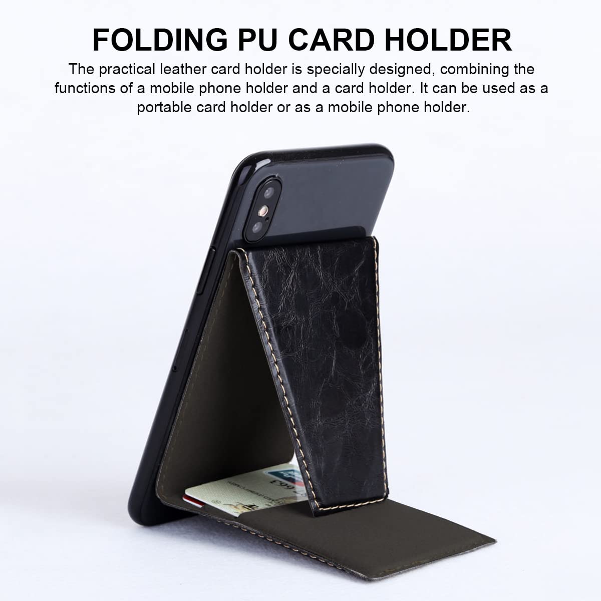 ZORBES® Black Folding PU Card Holder Bracket for All Smartphones, Folding Cell Phone Card Bag Holder Foldable Bracket