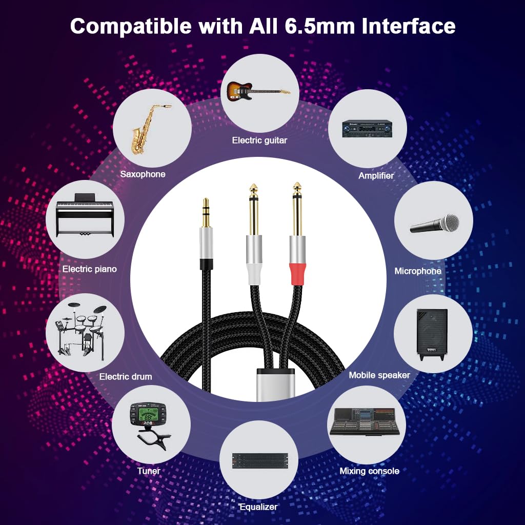 Verilux 3.5mm to Dual 6.35mm Aux Cable for Speakers with Nylon Braid 9.8 ft | Stereo Audio Splitter