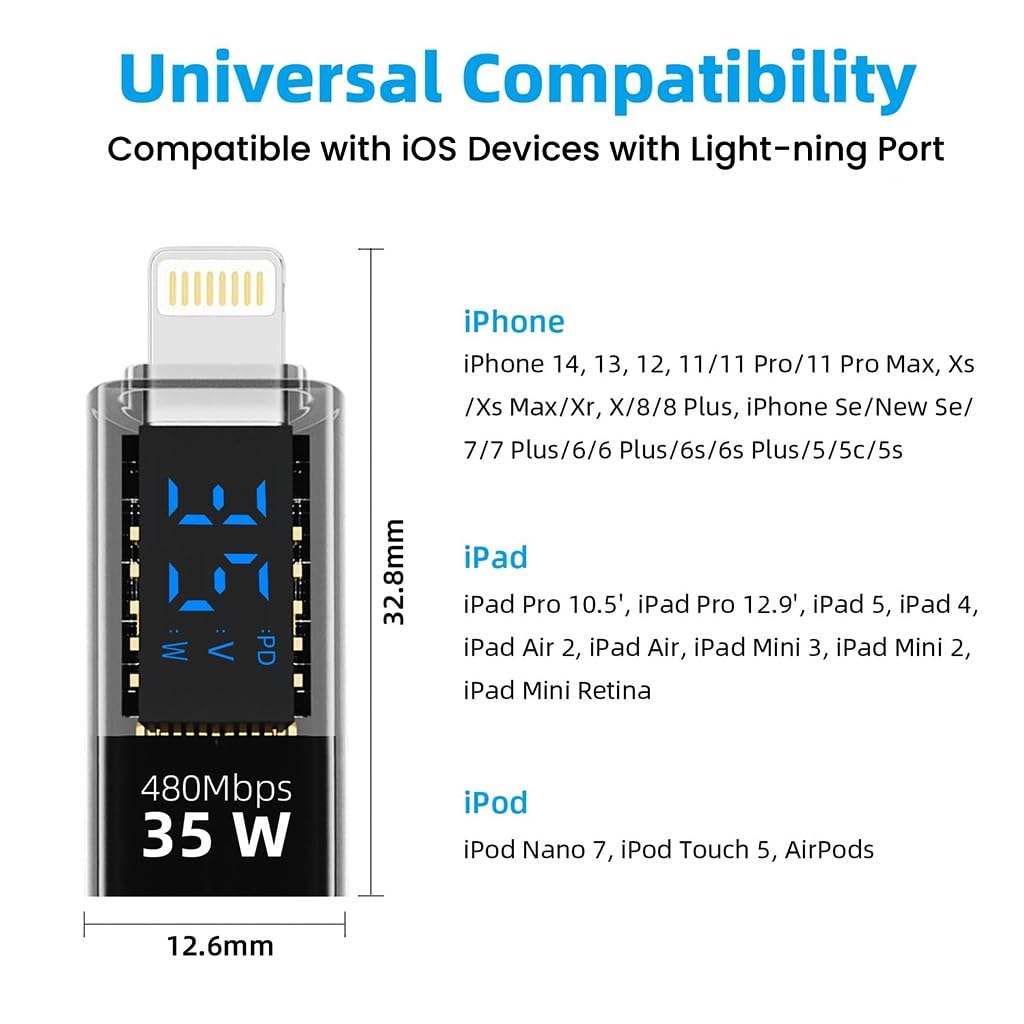 Verilux USB C to Lightning Adapter with LED Display 35W PD Fast Charging 480Mbps Data Sync
