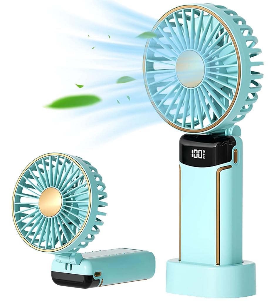 Verilux® Handheld Fan Portable Fan, 2400mAh Rechargeable Mini Hand Held Fan Foldable Desk Fan with 5 Speeds LED Display Personal USB Fan for Travel Home Office (Green)