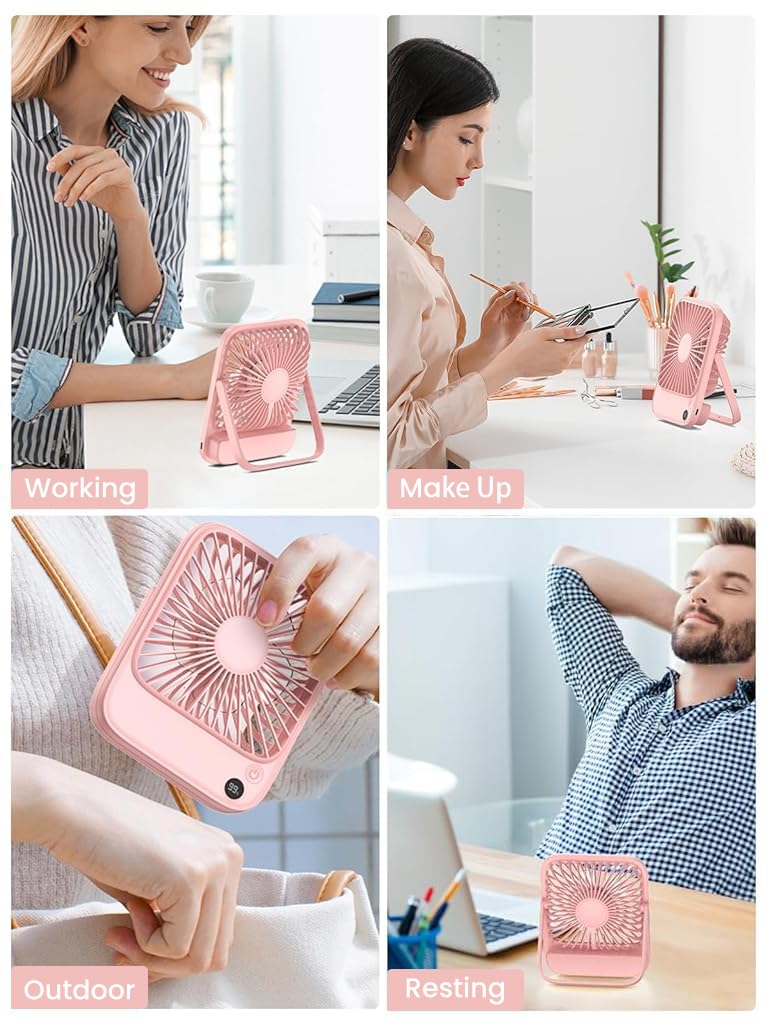 Verilux USB Fan for Desk and Travel featuring Kickstand and 4-Speed Airflow | 5000mAh Rechargeable Pink Fan