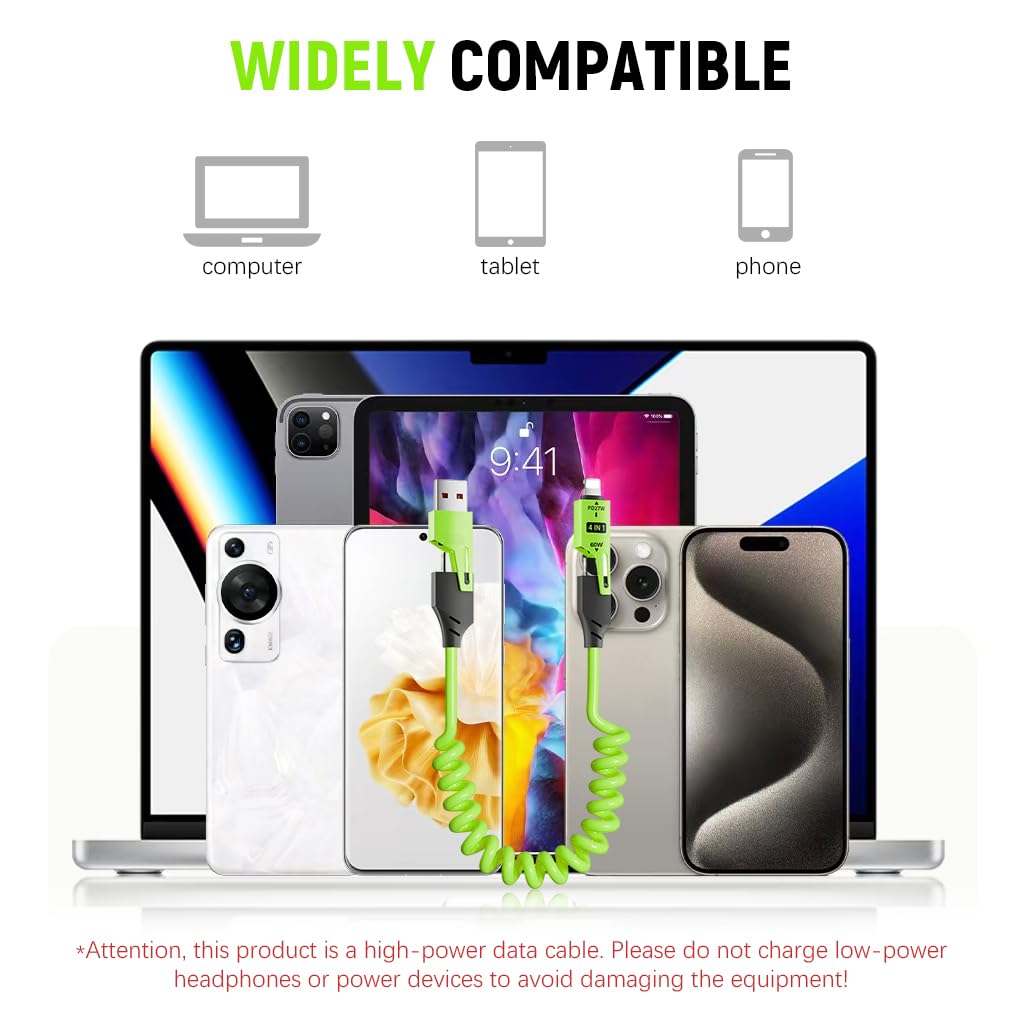 Verilux 4 in1 C Type Charger Cable for Travel with PD 60W Fast Charging and Spring Design