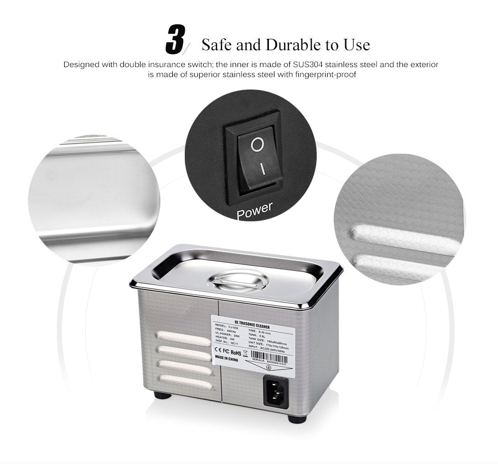 Verilux Ultrasonic Cleaner for Jewelry and Metal Parts with 0.8L Tank & Digital Timer | SUS304 Stainless Steel
