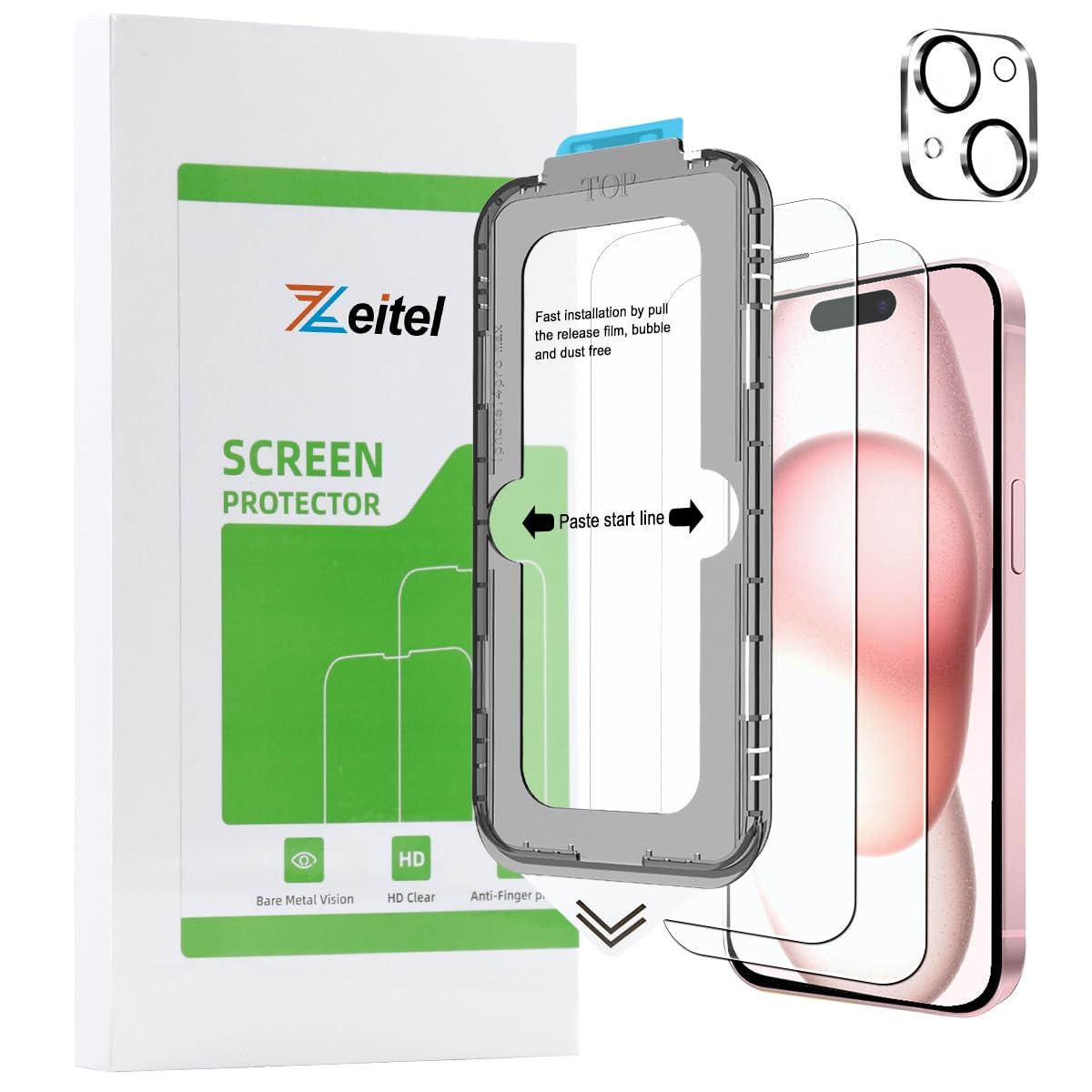 Zeitel® Tempered Glass Suitable for iPhone 15 6.1 Inch with Anti Fingerprint Screen Protector Auxiliary Installation Kit 2 Scratch Resistant Screen Protectors and 1 Lens Protector