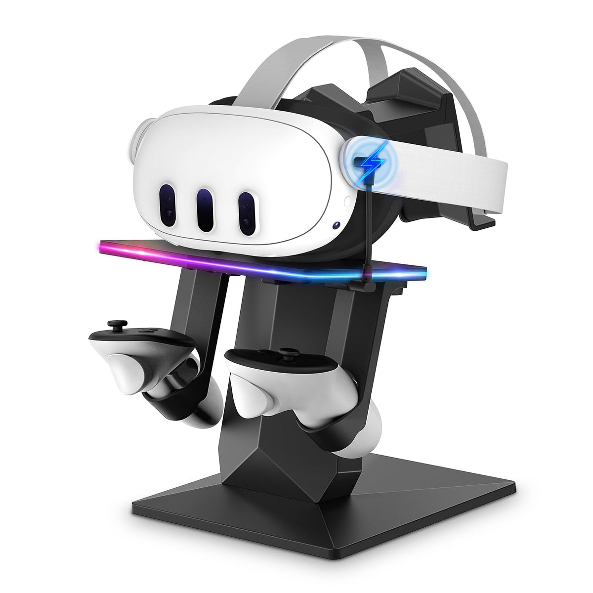 ZORBES® Compatible with Meta Quest 3/2, 2 in 1 VR Headset Organizer Stand Charging Dock with TPU Coated Anti-Slip Tray, Dual Controller Slots Design, Fashion LED Headset Display Rack Charging Stand