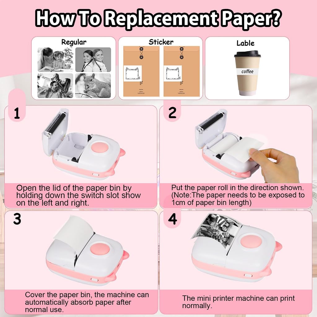 Zeitel® Mini Bluetooth Thermal Printer with LED Pink