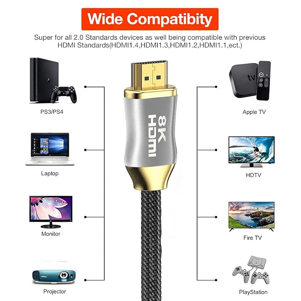 Verilux® 8K HDMI 2.1 Cable 2m,48Gbps Ultra HD Lead High-Speed Cord, Supports 8K@60HZ, 4K@120Hz, eARC HDR10, HDCP 2.2/2.3 Dolby, 3D, VRR, Compatible with Fire TV/Roku TV/PS5/Xbox/Nintendo Switch - verilux