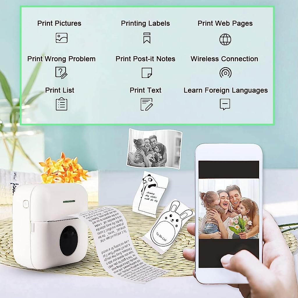 ZORBES® Mini Printer, Portable Bluetooth Thermal Printer Inkfree Pocket for Mobile Smartphone Photo Wireless Printer Compatible with iOS, Android with 10 Rolls Printing Paper for Study Note