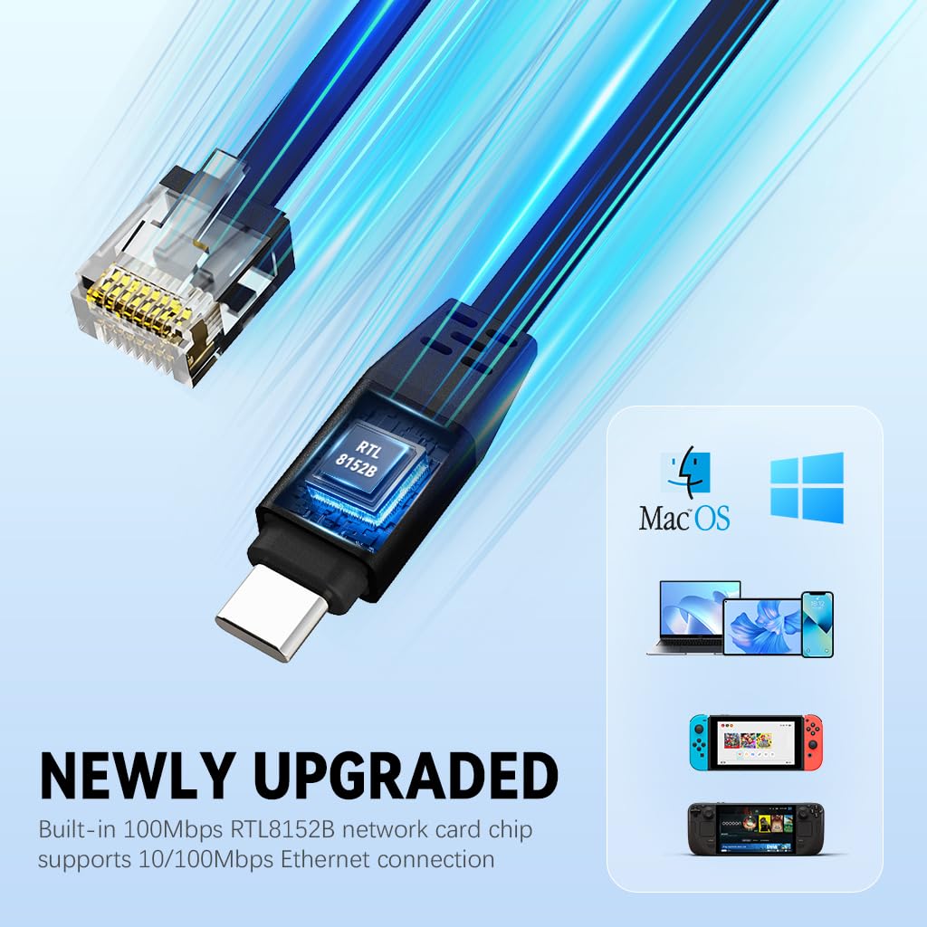 Verilux® Type C to RJ45 NIC Adapter Cable 6.6ft Ethernet Cable High Speed 100Mbps 100Mbps RTL8152B NIC Chip, Wired Internet Connection Cable Compatible with Laptop, Tablets, Phone