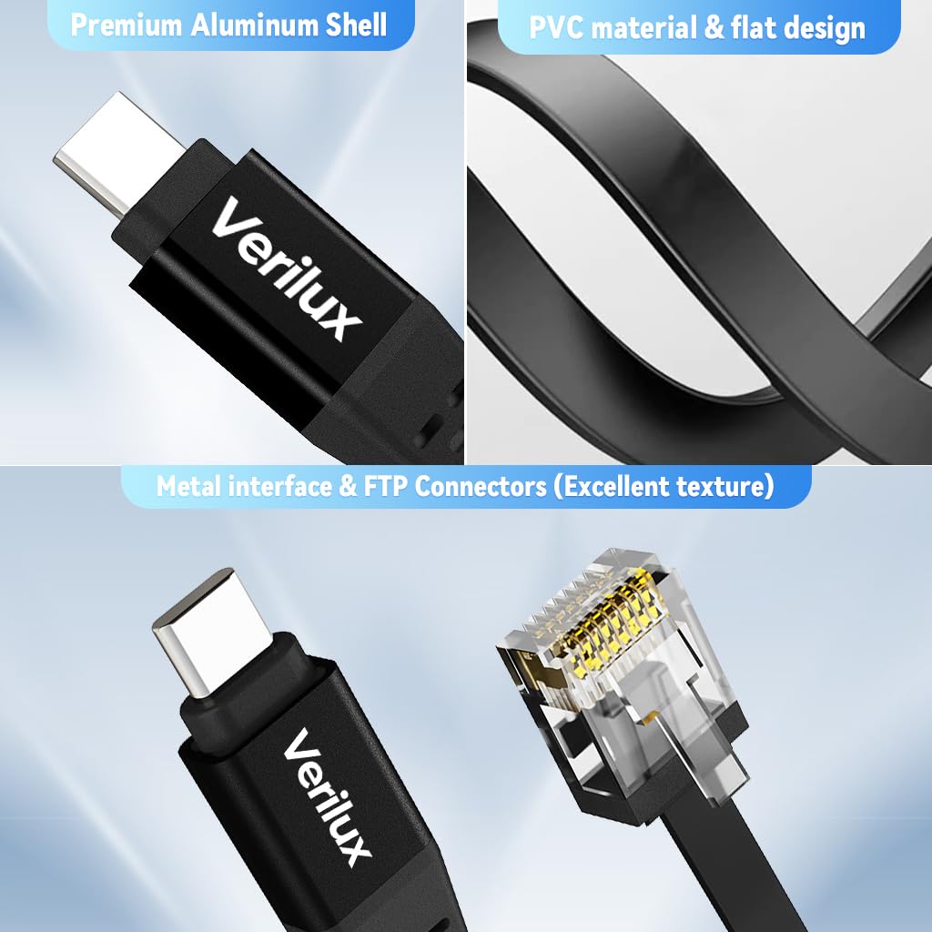 Verilux® Type C to RJ45 NIC Adapter Cable 6.6ft Ethernet Cable High Speed 100Mbps 100Mbps RTL8152B NIC Chip, Wired Internet Connection Cable Compatible with Laptop, Tablets, Phone