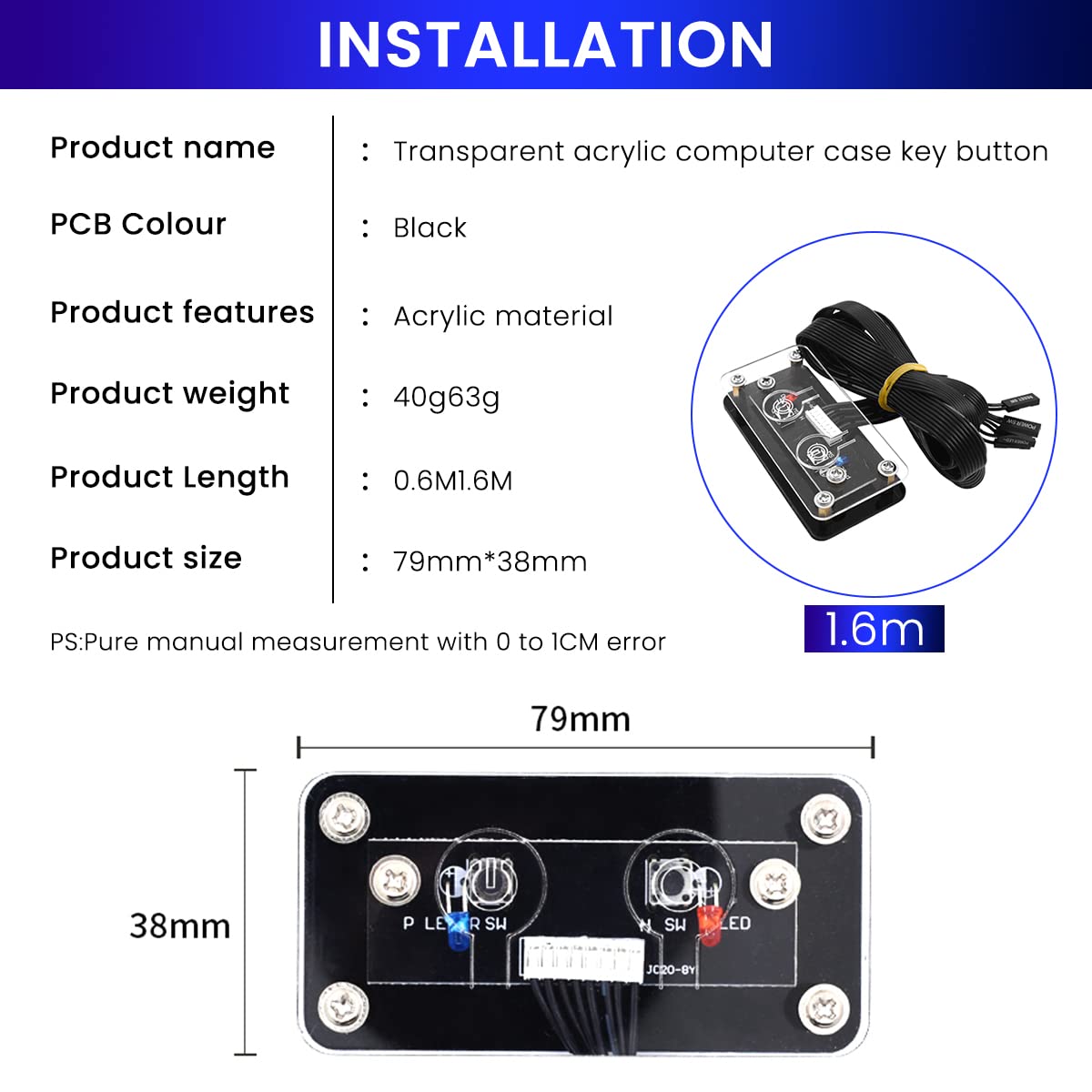 Verilux® Desktop Computer Power Button PC External Power Switch with Reboot Button,Transparent Acrylic DIY Modification,Motherboard Switch Button Extension Cable