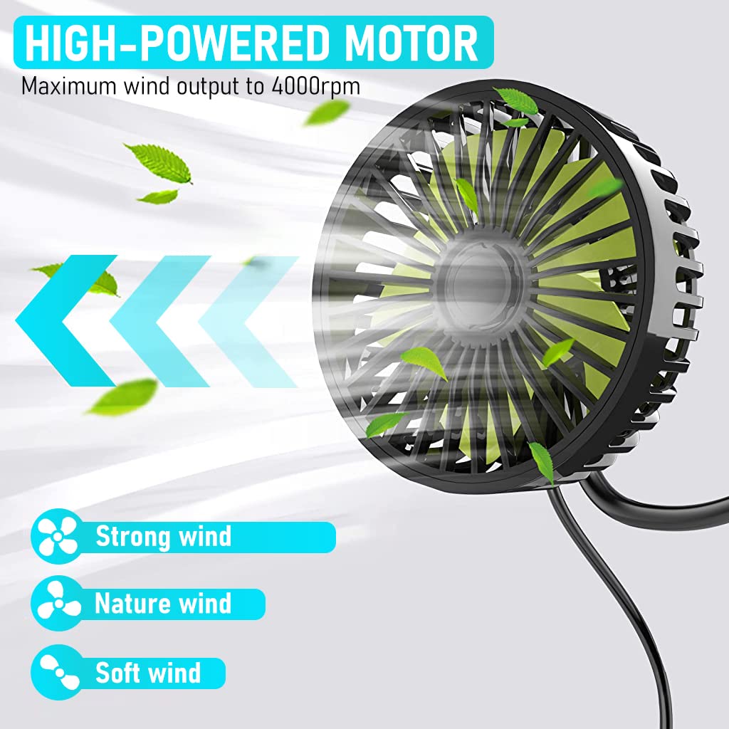 Verilux USB Fan for Car Back Seat with 3 Speed Flexible Arm and Headrest Mount | Plug and Play