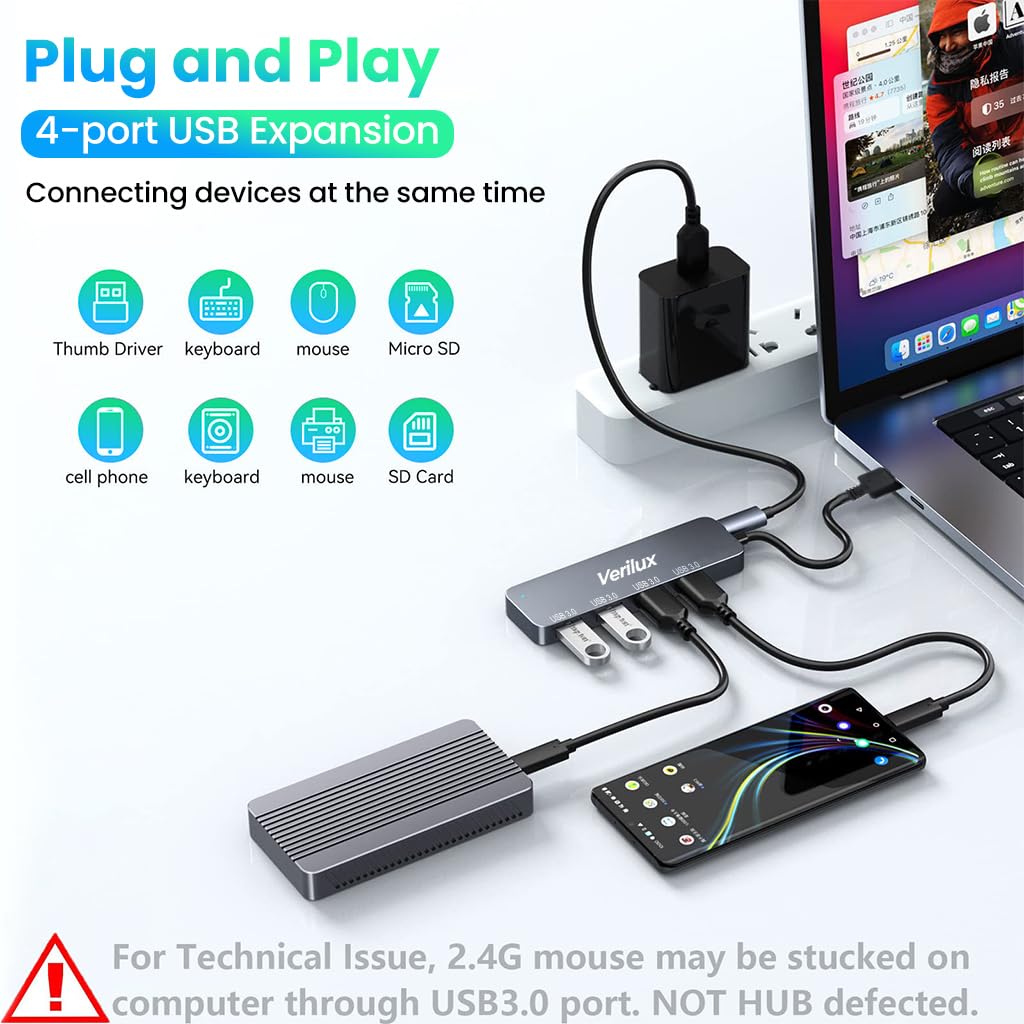 Verilux USB Hub 3.0 for Laptop and PC featuring 4 Ports and 5Gbs Transfer Speed | USB‑C and USB‑A Connectivity