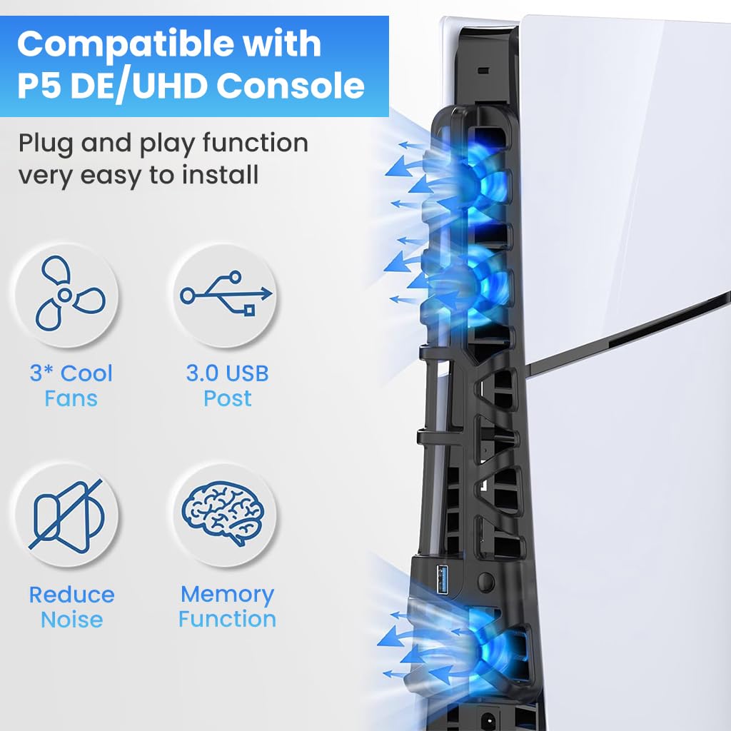 ZORBES® Cooling Fan & Dust Plug Combo for PS5 Slim, Quiet LED Cooler with Memory, 3 Fans, USB 3.0, 9 Silicone Dust Plugs, Protects Disk/Digital Console, Gaming Accessories for PlayStation 5