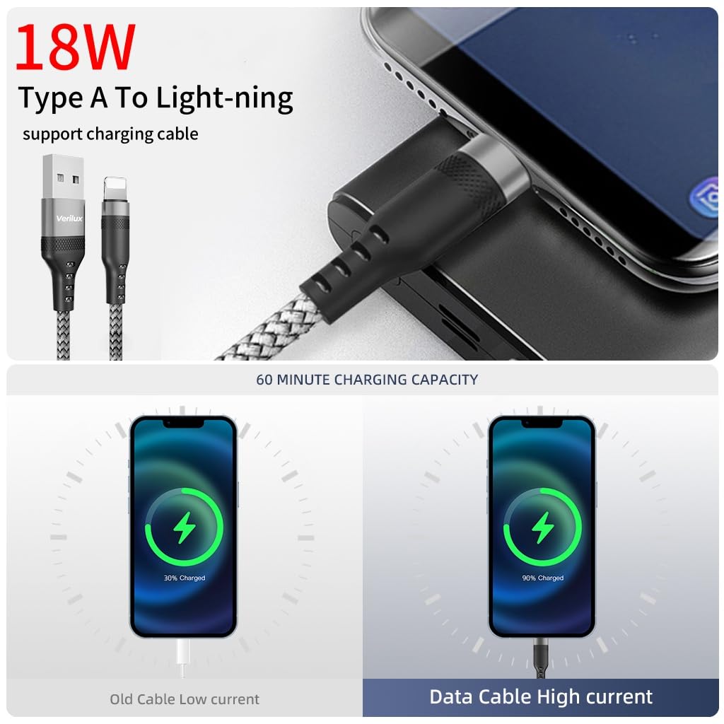 Verilux USB A to Lightning Cable for iPhone featuring 10ft length and 480Mbps data sync | braided nylon durability