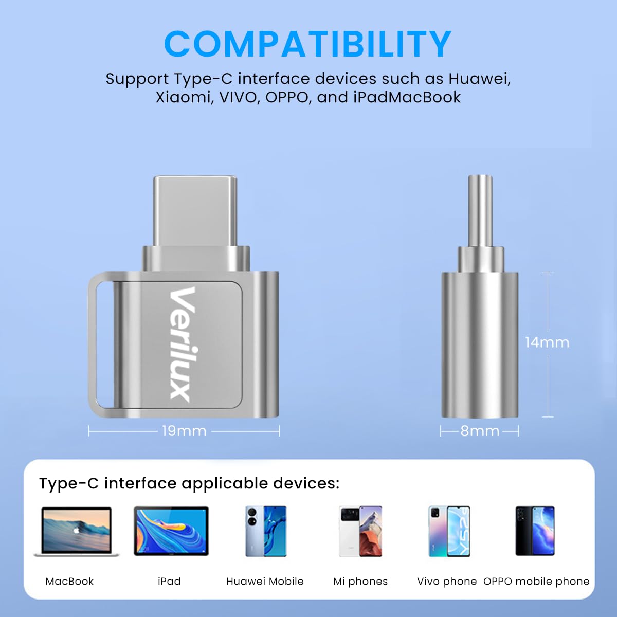 Verilux® TF Card Reader Type C Micro SD Card Reader Travel TF Card Reader with Keychain USB C to Micro SD OTG Memory Reader, Compatible with Phone with OTG Function, Plug and Play TF Card Reader