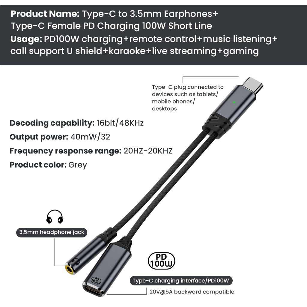 Verilux Type C to 3.5mm Adapter with PD 100W Charging and Dual Port Design | for USB-C Devices