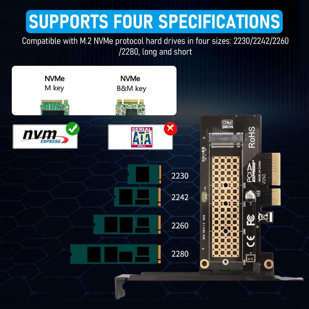 ZORBES® M.2 NVMe to PCI-E X4 Adapter High Speed M.2 NVMe to PCI-E X4 Adapter Universal M.2 NVMe to PCI-E X4 Adapter Compatible with M.2 NVme 2230/2242/2260/2280