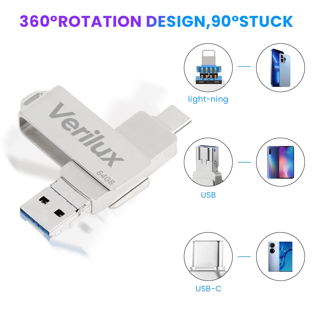 Verilux Pendrive 64GB for iPhone and Android with 3 in 1 USB A Type C Lightning Ports | Metal Mini Design