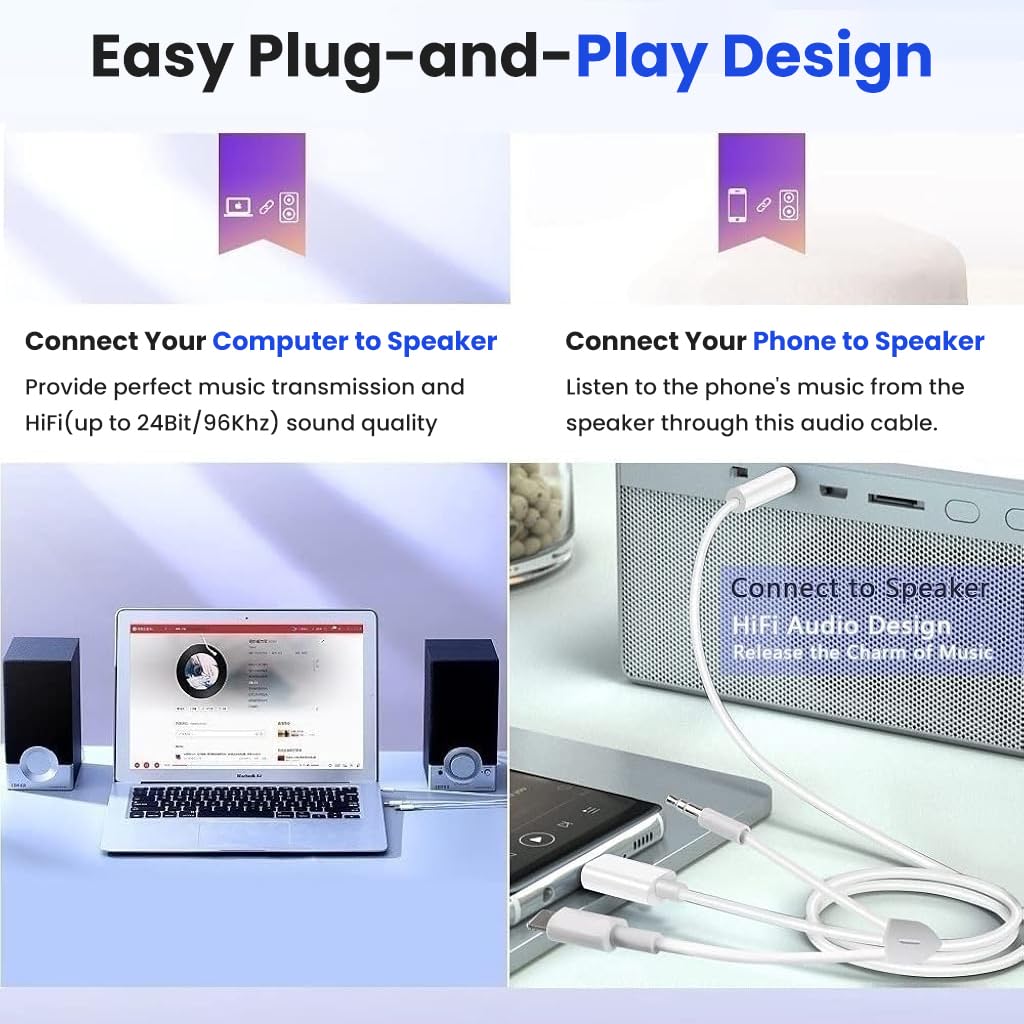 Verilux Audio Aux Cable for Phones and Speakers with 16.4 ft Length and Braided Cord | 24K Gold‑Plated Connectors