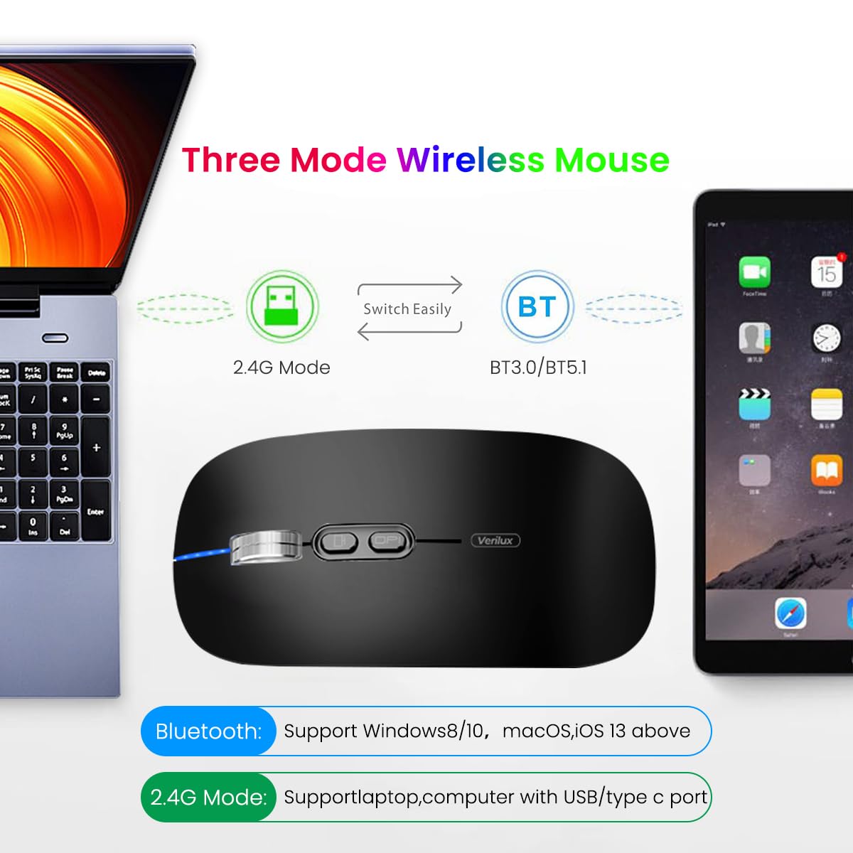 Verilux Wireless Mouse for Laptop featuring Dual Mode 2.4G and 5.1 Bluetooth | 1600DPI Rechargeable Ergonomic Black