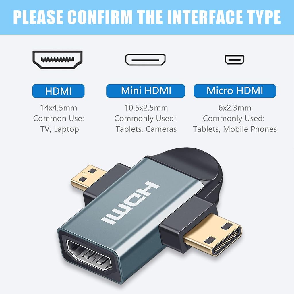 Verilux® Multi HDMI Adapter, 2 in 1 HD Mini HDMI/Micro HDMI to HDM Adapter, Mini HDMI and Micro HDMI Male to HDMI Female Supports 2K Compatible with Tablet, Camera, Camcorder, DSLR