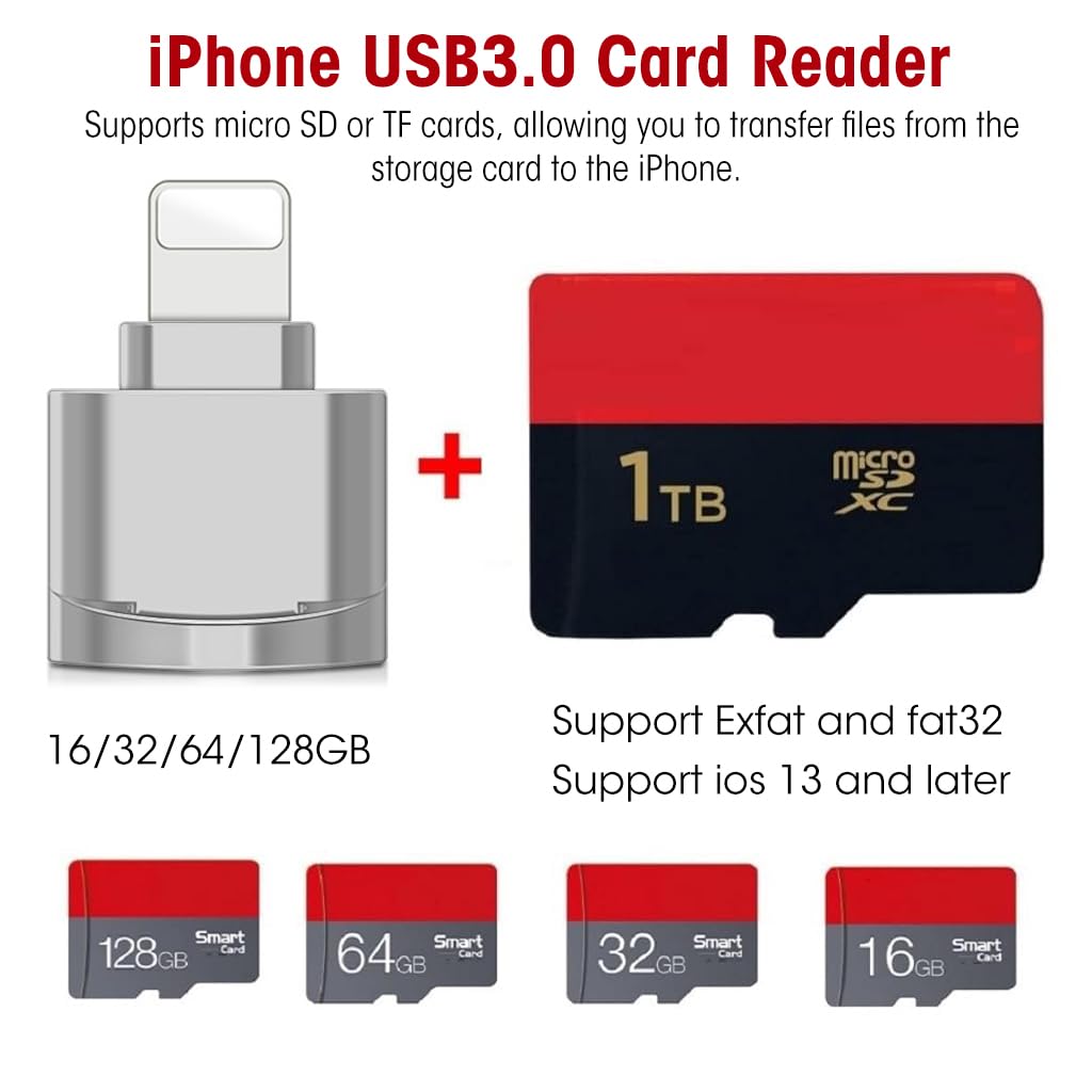 Verilux® Micro SD Card Reader for iPhone iPad, Micro SD/TF Card Reader Memory Card Reader for iPhone Plug and Play Card Reader for iPhone 13/12/Pro/11/X/XR/Max