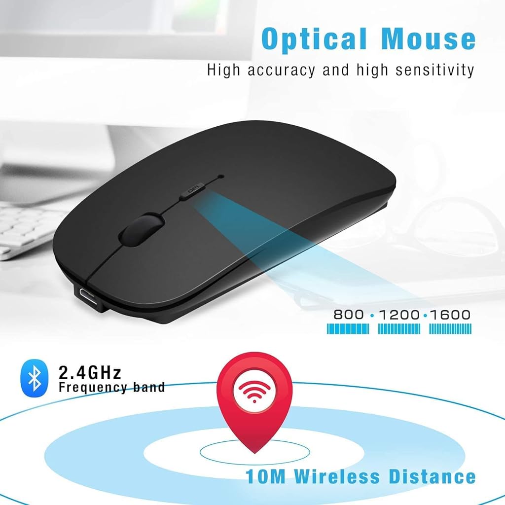 Verilux® Wireless Bluetooth Mouse, Slim Mouse 2.4G Portable USB Optical Wireless Mice, LED Rechargeable Dual Mode(Bluetooth 5.0 and 2.4G Wireless) Mouse - Black - verilux