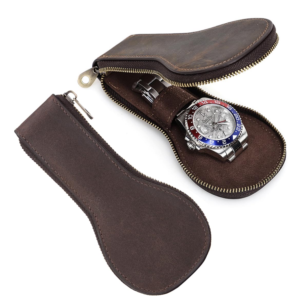 ZORBES® Genuine Leather Zipper Watch Pouch Case