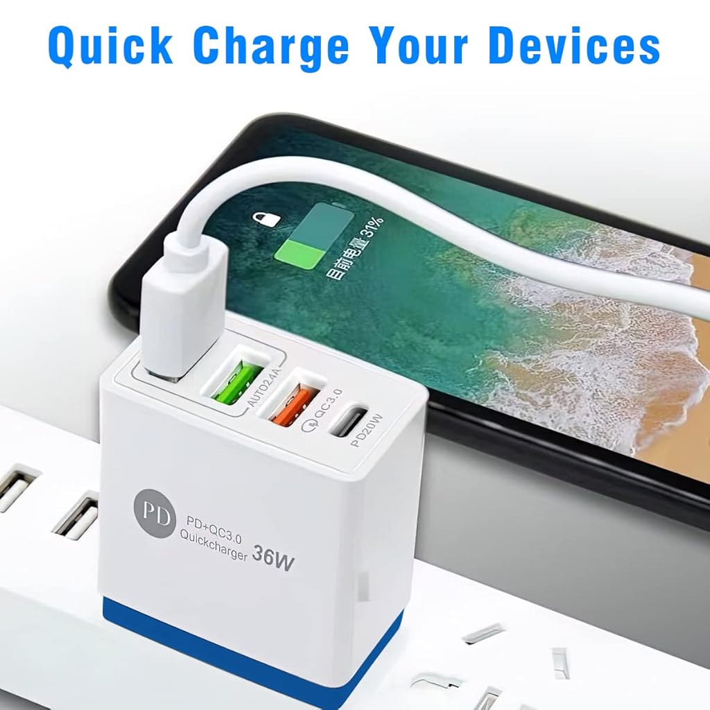 ZORBES® White 36W Type C Fast Charger,4 Port USB Charging Adapter,QC 3.0 Fast Charging and PD 20W Speed Wall Charger,Suitable for iPhone,Samsung,Realme,Vivo,Oppo,Xiaomi,Power Bank