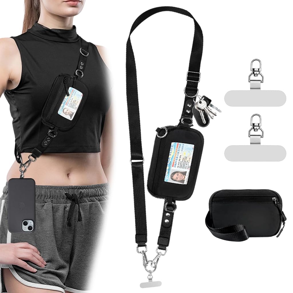 ZORBES® 2-in-1 Phone Sling Strap with Utility Zipper Pouch & Stainless Steel Tether Tabs, Adjustable Neck/Shoulder Lanyard for Phone, Keys, Cards, Travel and Outdoor Activities