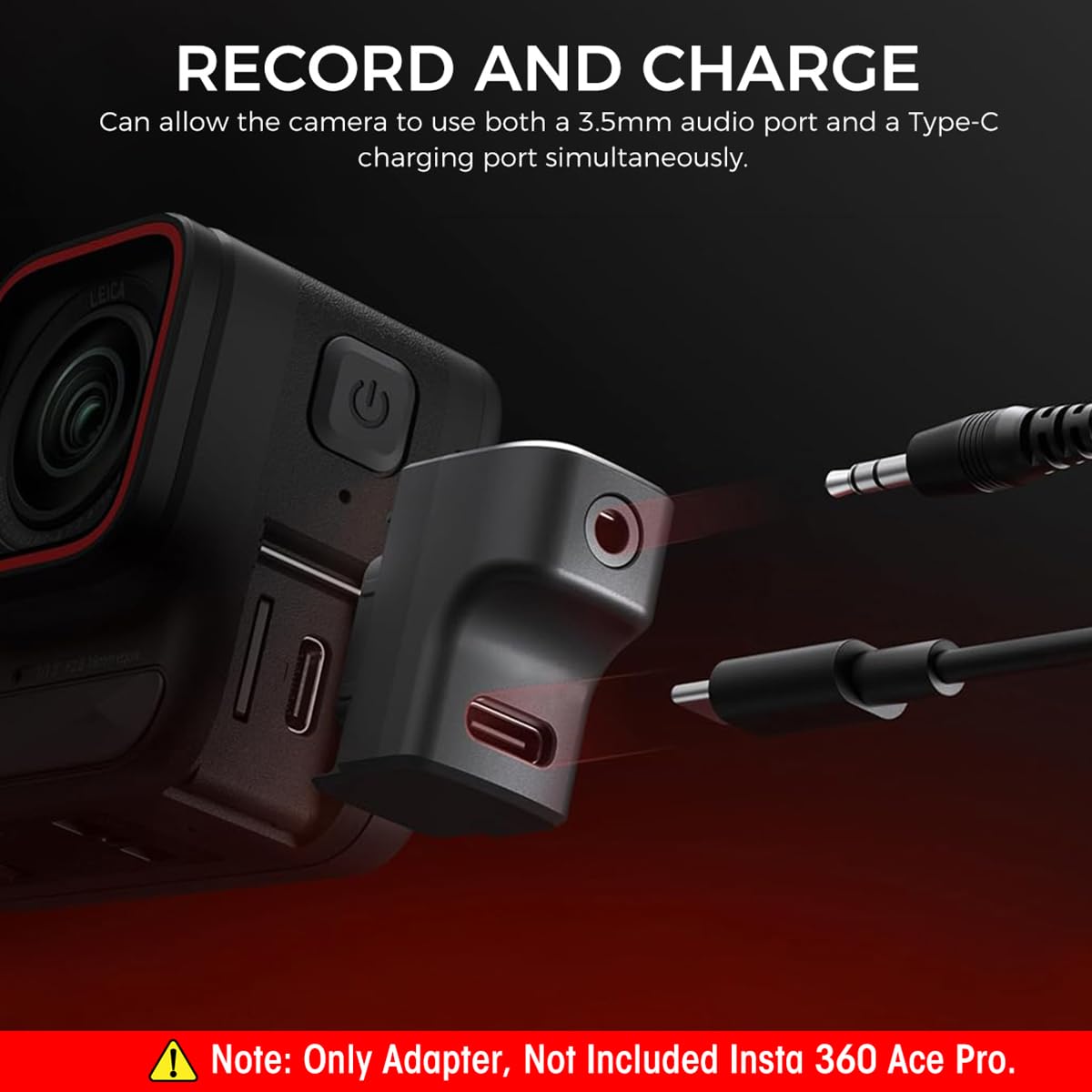 Verilux® Mic Adapter for insta360 X4, External Microphones Type-C and 3.5mm Audio Ports Compatible with Insta360 X4 Pro 2 in 1 Audio Mic and Charging Adapter Mount, Insta360 X4 Accessories