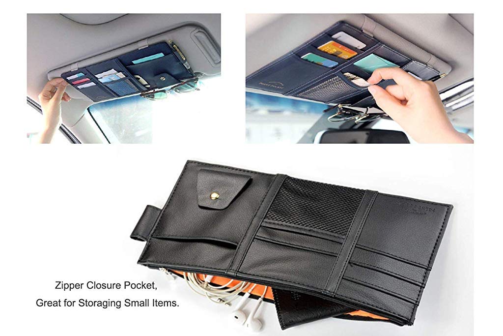 PU Leather Multi-Function Car Space Sun Visor Organizer Hanging(Black)