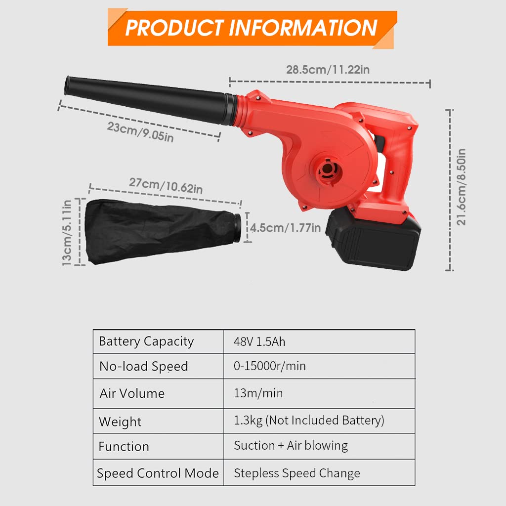 ZORBES® 2 in 1 Cordless Leaf Blower/Vacuum, 48V 1.5AH 1000W 18000RPM Rotatable Electric Air Blower with Vaccum Cleaner, 2 Variable Speed Blowers Kit for Blowing Leaf, Clearing Dust & Trash