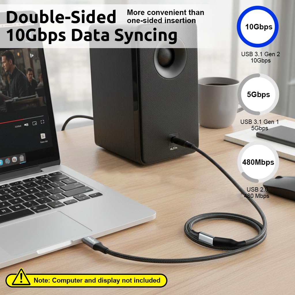 Verilux USB C Extension Cable 0.5m for Fast Charging and 10Gbps Data | 4K HD Output