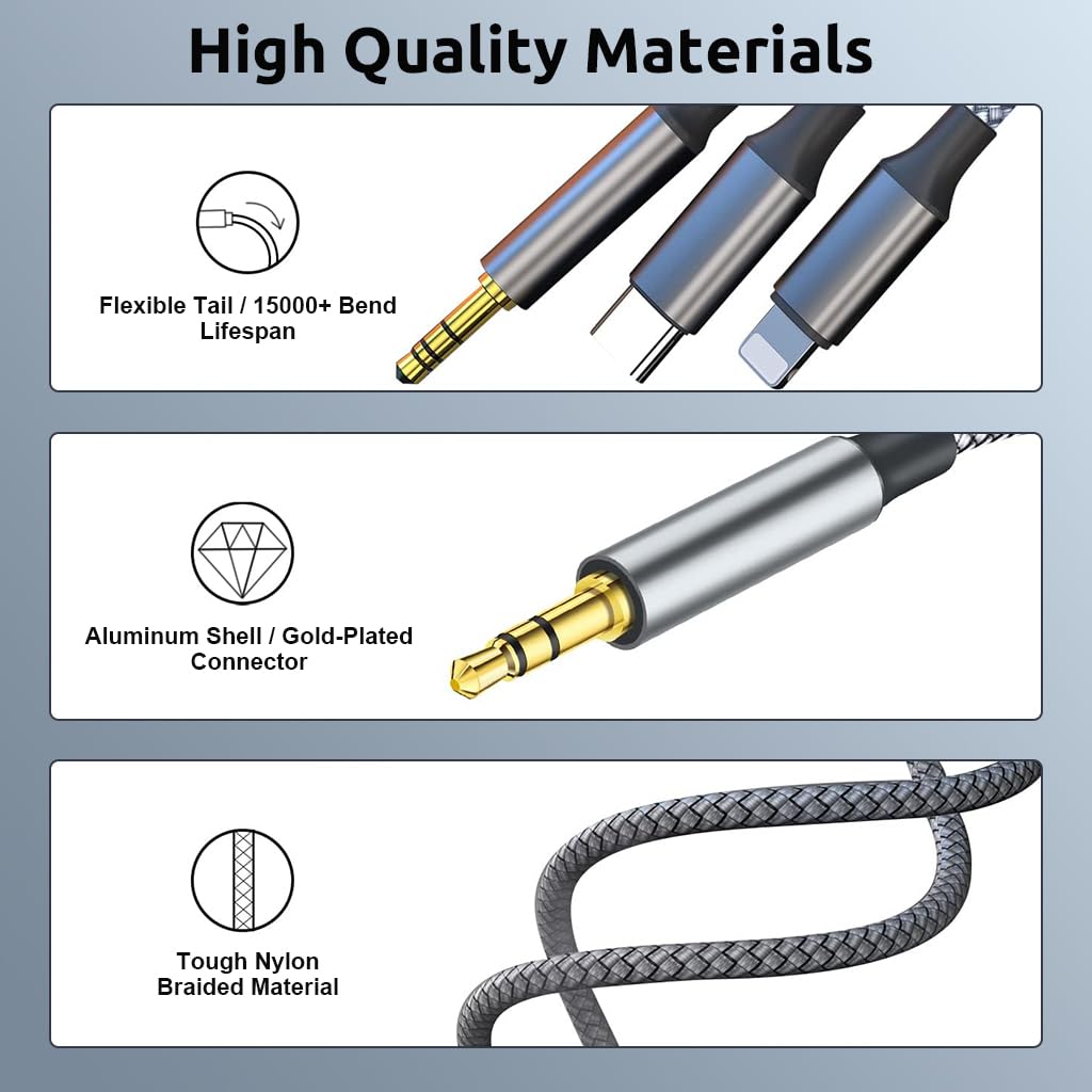 Verilux 3 in 1 Car Aux Cable for Stereo and Headphones with 1.5m Nylon Braid | 2 PCS