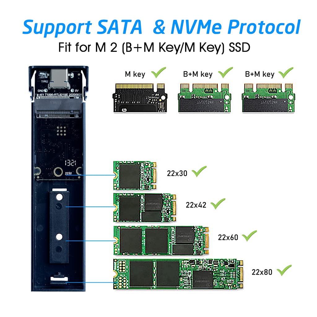 ZORBES® Aluminum M.2(B Key/B+M Key/M Key) NVME and NGFF SATA SSD Enclosure Adapter, USB 3.1 Gen 2 10 Gbps to NVME PCI-E Solid State Drive External Enclosure Fits for NVMe PCIe 2230/2242/2260/2280