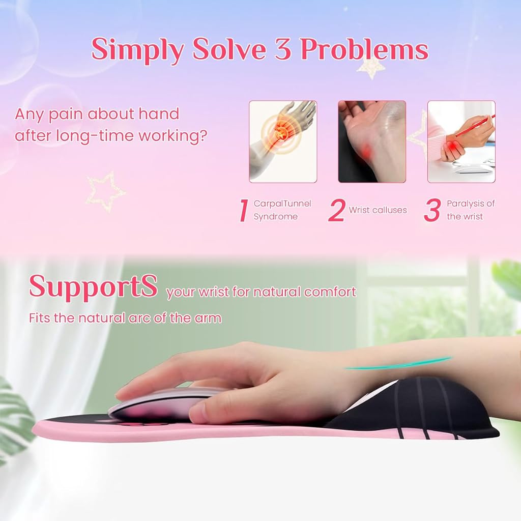 ZORBES® Mouse Pad with Wrist Rest Ergonomic Silicone Mouse Pad Smooth Lycra Cover Mouse Pad Kawaii Cartoon Pink Mouse Pad Gaming Mouse Pad Office Anti-Slip Mouse Pad