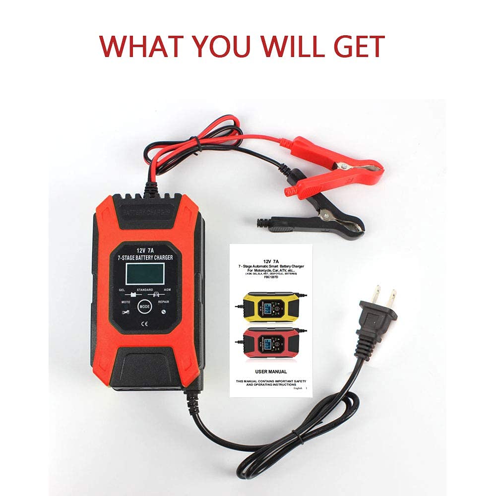 Verilux Car Battery Charger 12V 7Ah | New Upgrade 7-Stage Automatic Pulse Repair Battery Charger & Maintainer for ATVs/Golf Cart/Motorcycle/Car/Yacht Mower and More (Red)