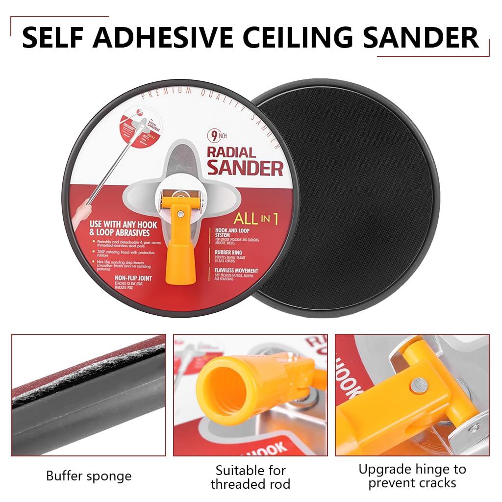 Serplex® 49-Inch Ceiling Sander Stainless Steel Long Rod Swivel Drywall Sanding Disc, 5 Replacement Adhesive Polishing Pads, Drywall Pole Sander Manual Wall Grinder for Wall, Ceiling