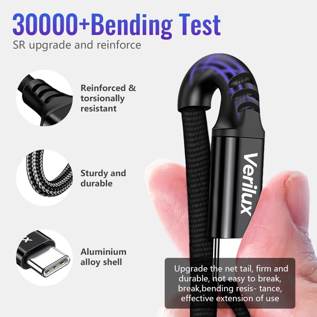 Verilux Type C to Type C Cable for Fast Charging with 5m Length and Nylon Braided Design