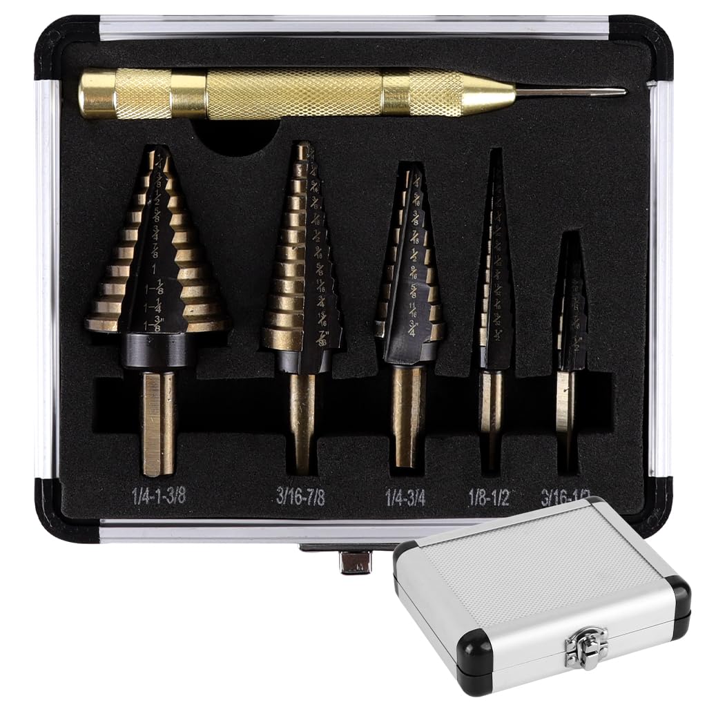 Serplex® 6-Piece Titanium Step Drill Bit Set with Automatic Center Punch, Multi-Size Spiral Groove Unibit Kit for Metal, Wood, High-Speed Steel Cone Drill Bits with Aluminum Storage Case
