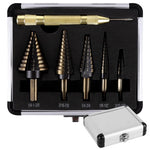 Serplex® 6-Piece Titanium Step Drill Bit Set with Automatic Center Punch, Multi-Size Spiral Groove Unibit Kit for Metal, Wood, High-Speed Steel Cone Drill Bits with Aluminum Storage Case
