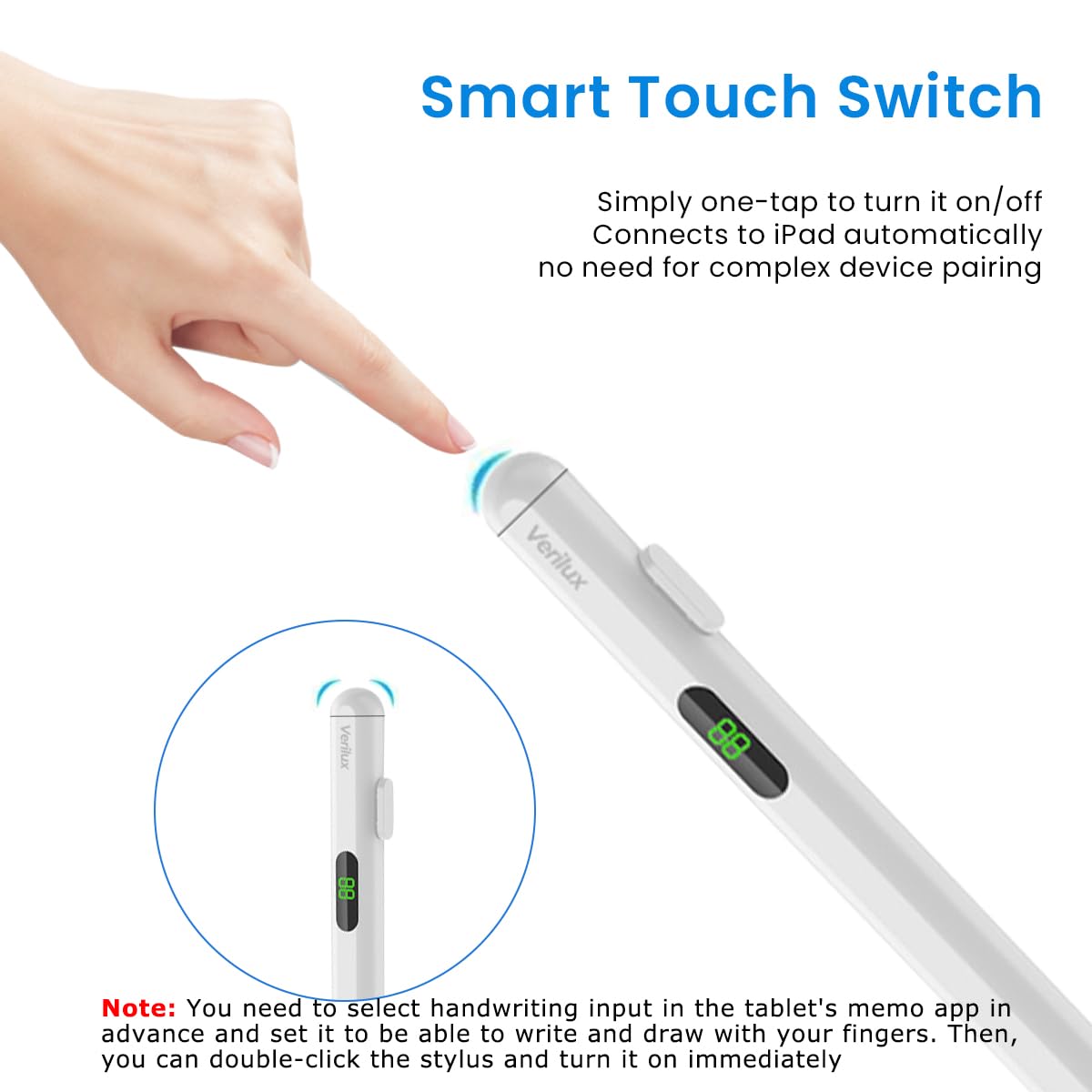 Verilux Stylus Pen for iPad 2018 and Later with LCD Power Display and Palm Rejection | Tilt Sensitivity