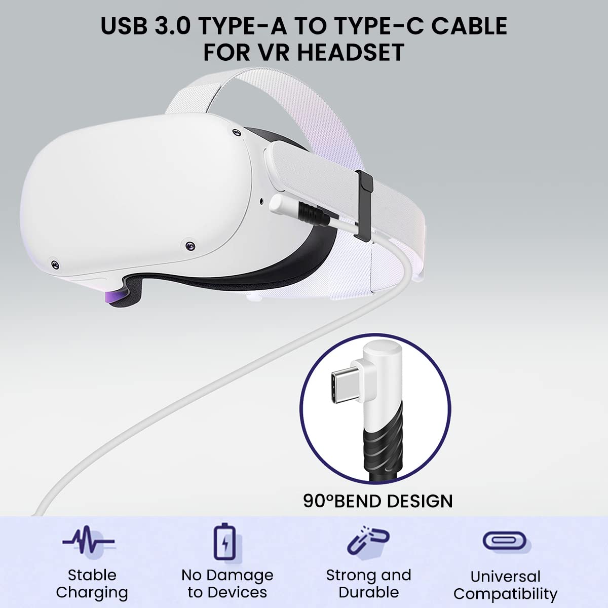 ZORBES® Link Oculus Quest 2 Cable,USB 3.0 to USB C Cable,Link Cable 10FT,5Gbps High Speed PC Data Transfer Cable Compatible with Meta/Oculus Quest 2 Accessories & PC/Steam VR for VR Headset,White