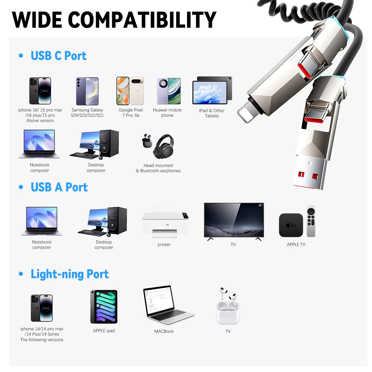 Verilux Type C Cable 4 in 1 for iOS and Android with 240W PD Fast Charging featuring Spiral Elastic Design and RGB Indicator | 6.5 ft Stretchable 3 Pack