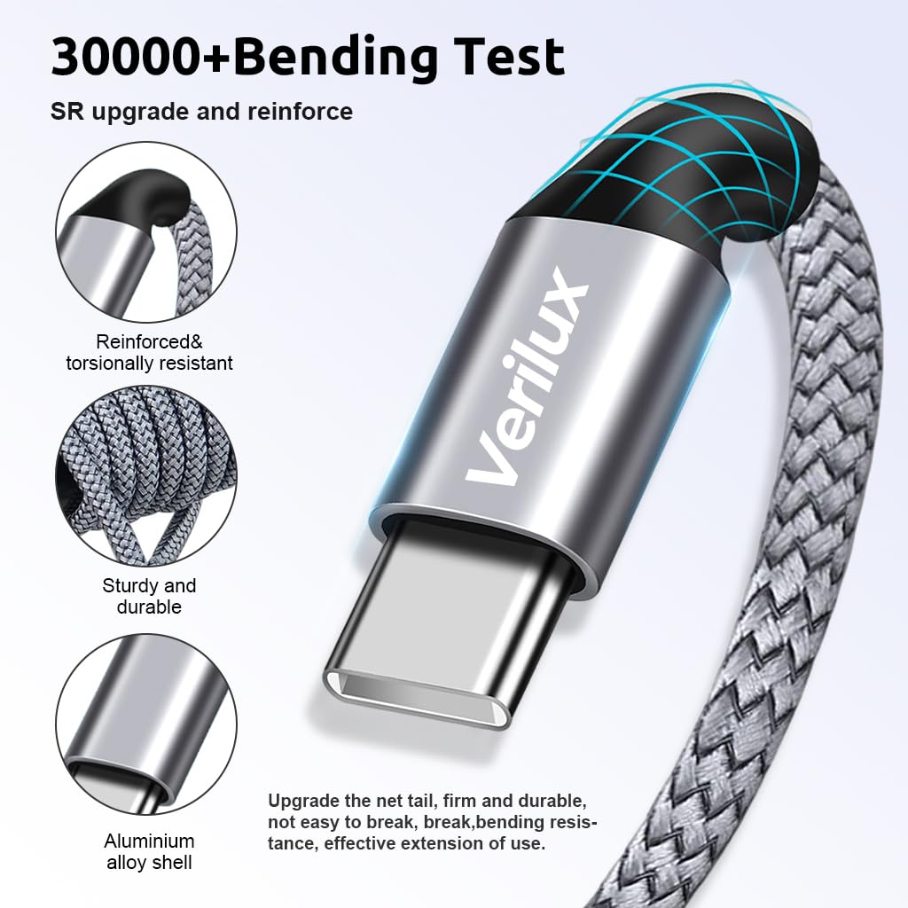 Verilux Type C to Type C Cable with 60W PD Fast Charging and 9.8 ft Nylon Braided Design