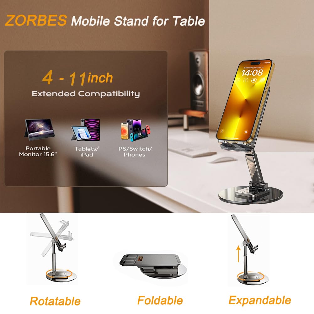 ZORBES® Aluminium Alloy Phone Stand Holder 360° Rotatable Mobile Stand for Table Mobile Holder for Table Adjustable Height & Tilting, Phone Stand Phone Holder for iPhone 14/13/12 (within 4-11 inchs)