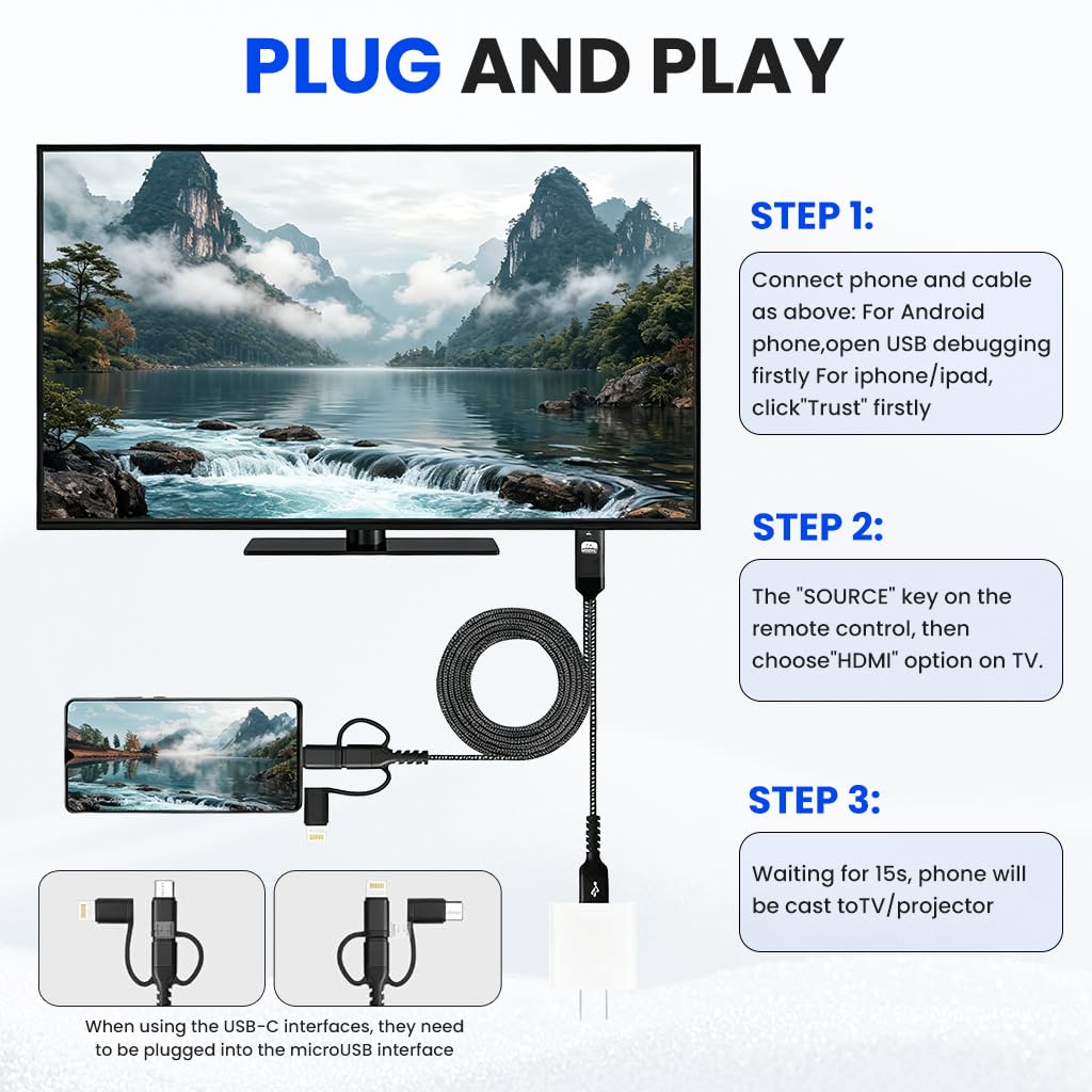 Verilux 3 in 1 USB to HDMI Cable for iPhone and Android 2M 2K@60Hz | Plug and Play Screen Mirroring